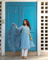 Blue kota short kurta with shibori dupatta - Sohni